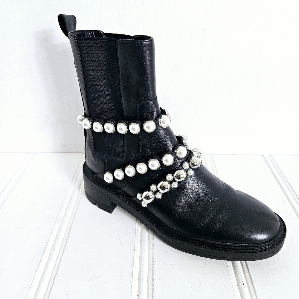 Zara Black Leather Pearl Strap Ankle Boots Womens 36 Block Heel Pull On